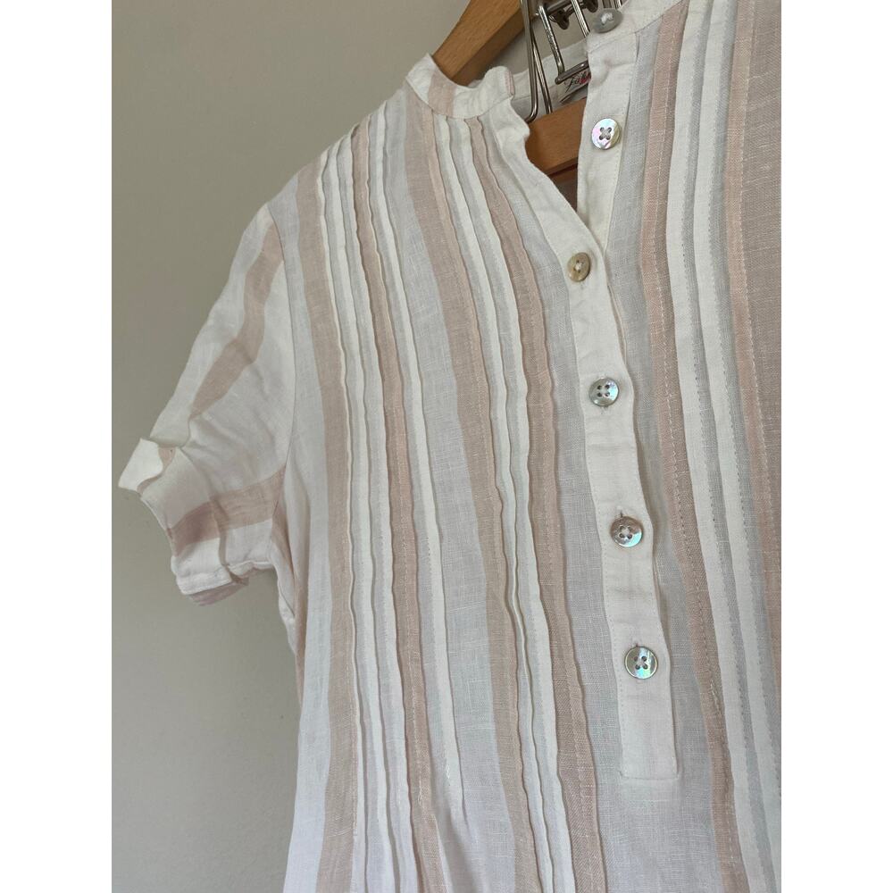 EUC Faherty Gemina Pintuck Pleat Short Sleeve Striped Mini Dress Sand Serape XS
